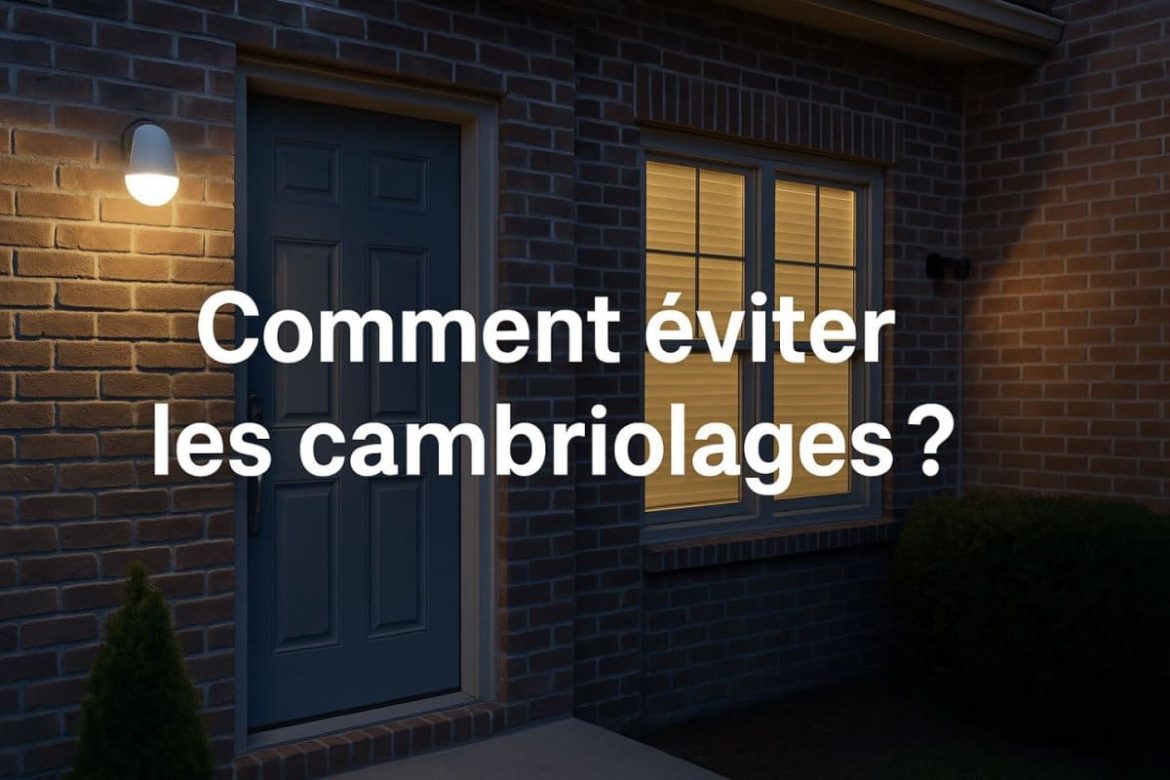 Guide pratique : Comment éviter les cambriolages grâce à l’éclairage et la sécurisation des accès Façade de maison sécurisée avec éclairage extérieur et titre "Comment éviter les cambriolages" illustrant les mesures de protection contre les intrusions