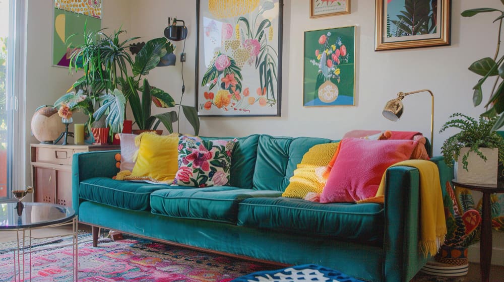 Explosion de couleurs : Les Tendances Déco 2025 osent la fantaisie Salon coloré et éclectique avec un canapé vert émeraude, illustrant les Tendances Déco 2025