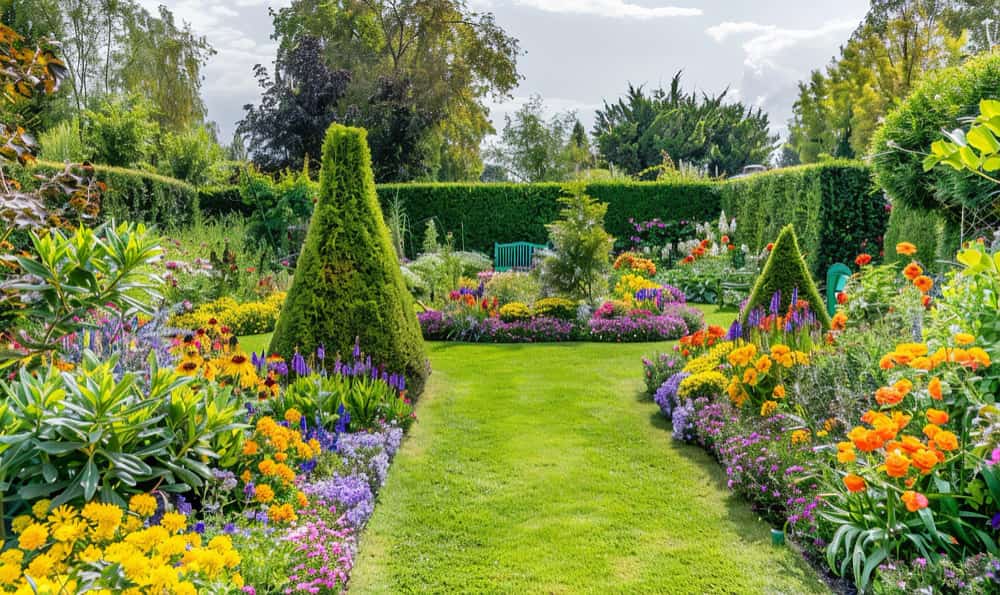 Allée de pelouse verdoyante serpentant entre des massifs de fleurs colorées dans un jardin à l'anglaise.