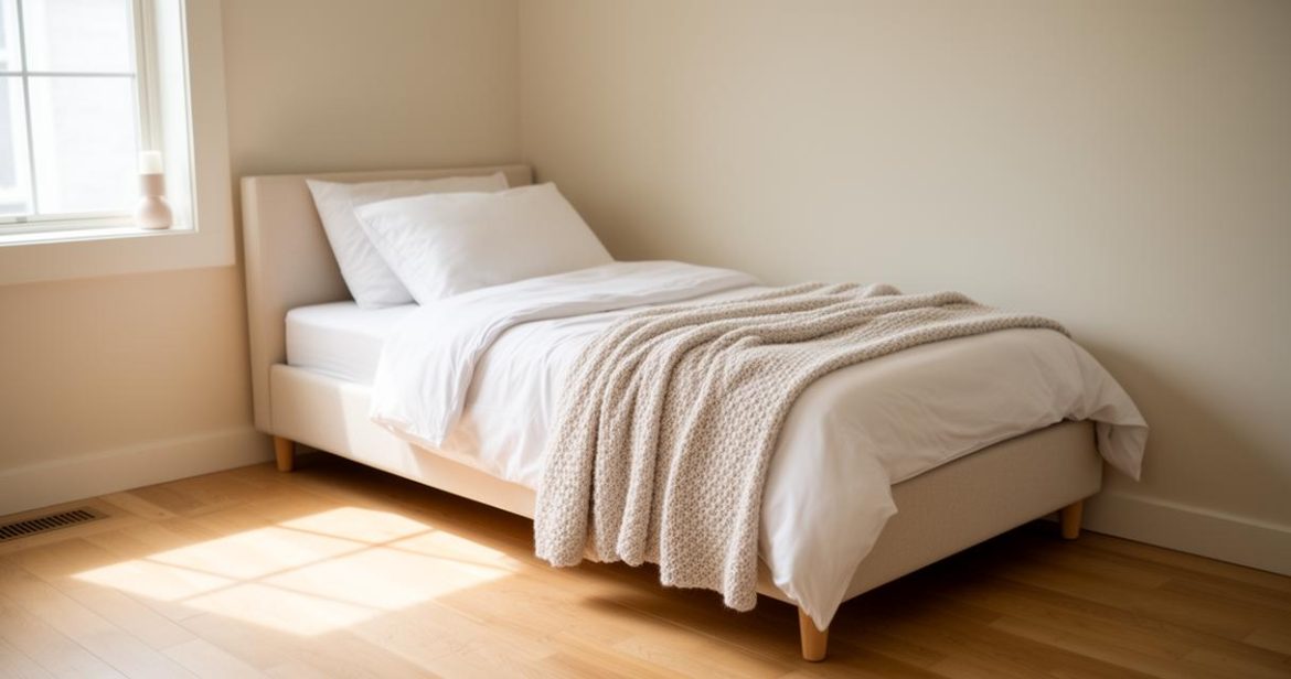 Lit simple moderne en tissu beige avec des draps blancs et un plaid en maille, idéal pour choisir le meilleur matelas adapté à une chambre lumineuse.